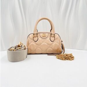 GUCCI GG Matelassé Mini Bowling Bag Beige Quilted Calfskin
